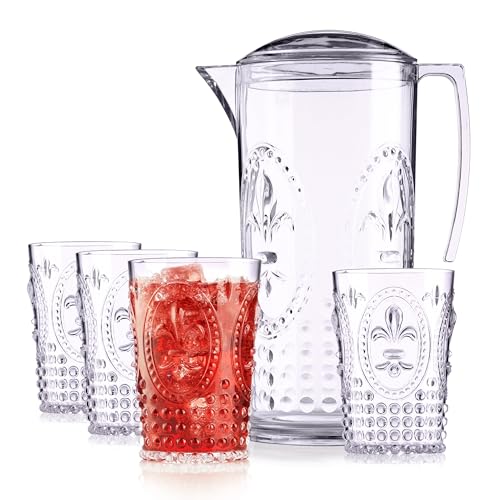 Muldale Plastic Jug with Glasses Set, Acrylic Drinking Jug and Tumblers Set for Garden, Sangria Pimms Water Pitcher