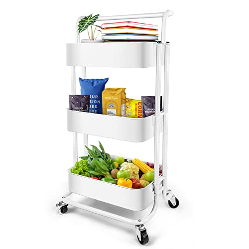 Image of Homchwell 3 Tier Metal Utility Rolling Cart with Lockable Wheels, Multifunction Movable Storage Shelves Organizer Cart with Handle and Mesh Basket for Kitchen, Coffee Bar,Bathroom, Office