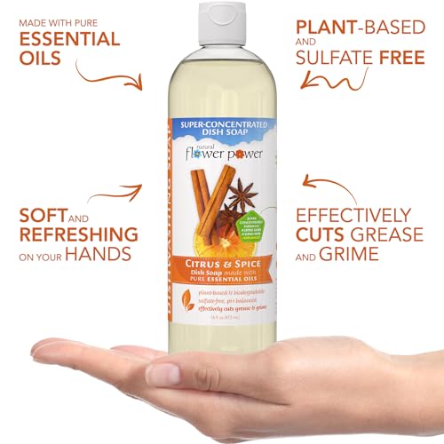 Image of Natural Flower Power Liquid Dish Soap - Citrus & Spice - Plant-Based & Scented w / Pure Essential Oils - Natural Liquid Dishwashing Detergent - Sulfate-Free Kitchen Soap - Vegan (16 Fl Oz 3 Pack)