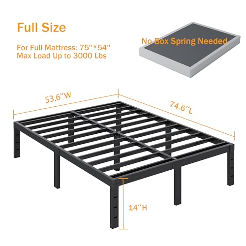 SHLAND Full Size Bed Frame, 14 Inch Heavy Duty Metal Platform Bed Frame No Box Spring Needed, Storage Space, No Noise, Easy Assembly