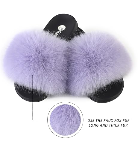Image of Women's Faux Fur Slides, Open Toe Cute Fur Slippers, Indoor or Outdoor Comfortable Furry Slide Sandals With Fluffy Fur