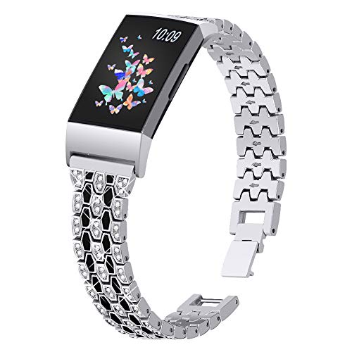Joyozy Dressy Bling Bands Compatible with Fitbit Charge 4/Fitbit Charge 3/Fitbit Charge 3&4 SE Fitness Activities Tracker,Diamond Rhinestone Jewelry Metal Replacement Bracelet Straps for Women Girls