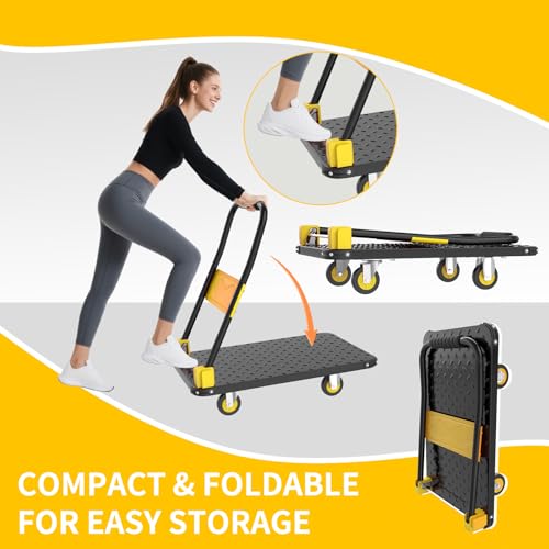 Foldable Push Cart Dolly, 330lbs Flat Bed Carts with Wheels & Anti-Collision Strips, Heavy Duty Platform Truck for Household Tasks, Moving, 360° TPR Mute Wheels, Easy Maneuver, Black Yellow by DIAMONDFORGE - Image 4