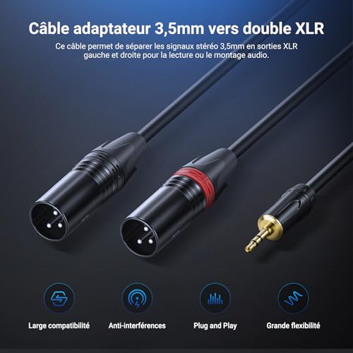 Câble 3.5mm vers double XLR pour une transmission audio stéréo sans interférence