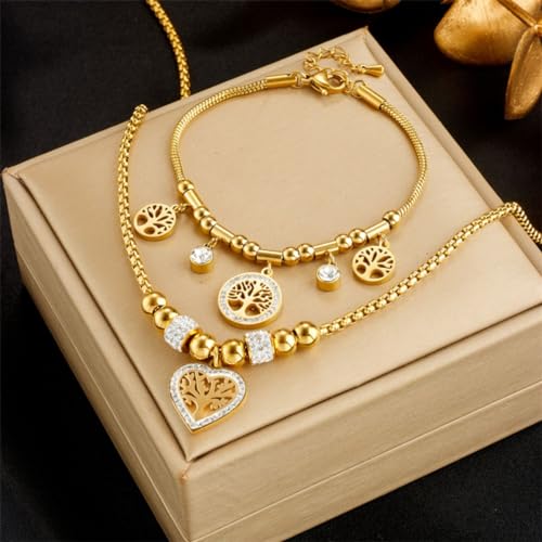 Conjunto Feminino Colar e Pulseira Ajustáveis em Aço Inoxidável - Sacred Tree + Bolsa de Veludo