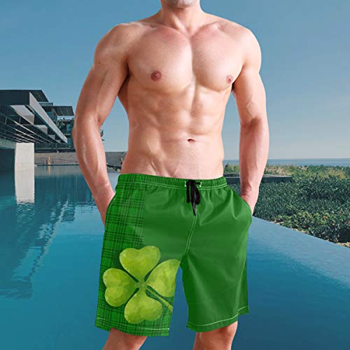 Kaariok Green St Patrick's Day Clover Plaid Shamrock Men's Swim Trunks Quick Dry Shorts With Mesh Lining #TOP3