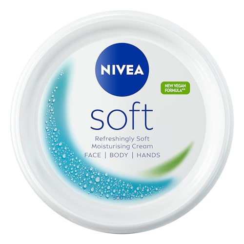 NIVEA Soft Moisturising Cream (500ml) 48H Face Moisturiser for Face Body and Hands with Vitamin E and Jojoba Oil Hand Lotion Moisturises Deeply Vegan Formula Day Cream
