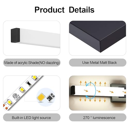 Image of Bathroom Vanity Light 2700 /3000 /3500 /4000 /5000k Dimmable, Black Modern Matte for Vanity Lighting Over Mirror LED, 32 inch IP44 36W Equivalent to Incandescent 300W, ETL Listed (1 Pack)