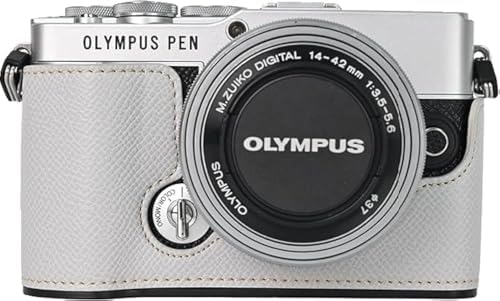 E-P7 Case, Handmade PU Leather Half Camera Case Bag Cover Bottom Opening Version for Olympus PEN E-P7 With Hand Strap (White) image 3
