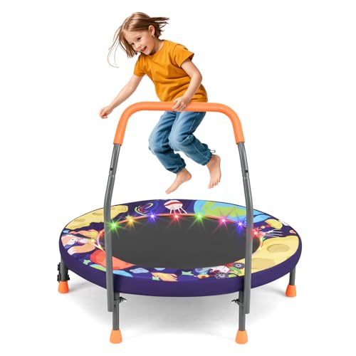 Trampolín con luz LED para niños con mango de espuma y cubierta de seguridad, ejercicio de rebote para interiores y exteriores, juguete de actividad y diversión segura