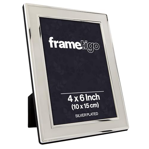 Frametigo - Silver Plated Plain Satin Photo Frame, 4x6 (10x15cm) Photo Size - Velvet Frame Backing & Stand - Real Glass Window - Tarnish-Resistant - Landscape or Portrait Orientation