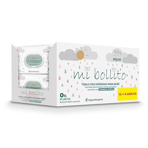 Mi Bollito - Toallitas Bebé - 99% aqua pure - 100% Fibras Vegetales - 960 Toallitas - 12 paquetes+4 gratis - ayudan a restaurar el PH Neutro de la piel del bebé - Ideal para piel Sensible y Atópica.