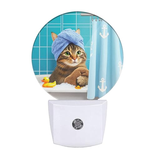 Image of EKOBLA Funny Cat Night Light, Cat with Shower Cap in Tub Night Lights Plug Into Wall with Dusk to Dawn Sensor