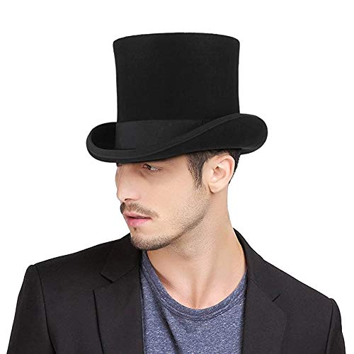 Gemvie Men's 100% Wool Top Hat Satin Lined Party Dress Hats Derby Black Hat #TOP6
