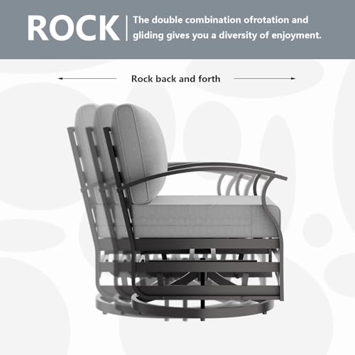 Image of Outdoor Patio Furniture Set, 3 Piece Aluminum Metal Chairs Swivel Rocker, Overstuffed Washable Cushions Bistro Set for Porch, Balcony, Deck, Garden Grey