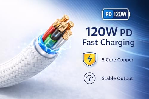 Image of USB Type-C to Type-C Cable, 120W PD Fast Charging, 1.5 Meter, 5 Core Nylon Braided, White, compatible with iPhone 15 /16, Samsung Galaxy S24 /S23 (1, 150, Centimeters)