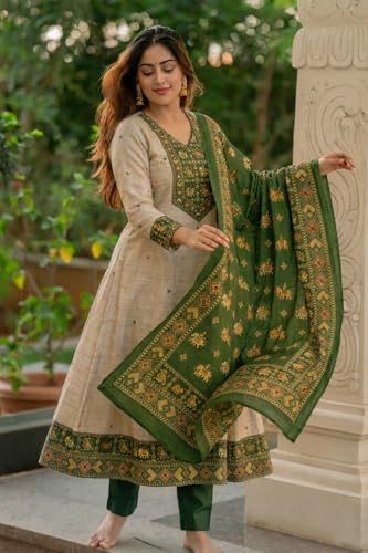 Image of ANNI Designer Kurta Sets for Women Viscose Printed | Kurta Pant Dupatta Set | A-Line Kurti Set for Women | Round Neck 3 /4 Sleeve Ethnic Suit | Designer Indian Kurti Outfit with Pants