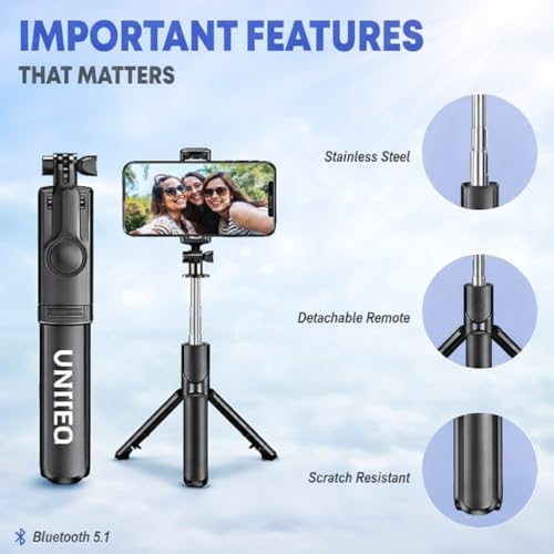 Image of UNITEQ Snappro X1 Bluetooth Selfie Stick Tripod, Extendable Phone Stand with Wireless Remote, Adjustable & Foldable Selfie Stick for iOS & Android Phones