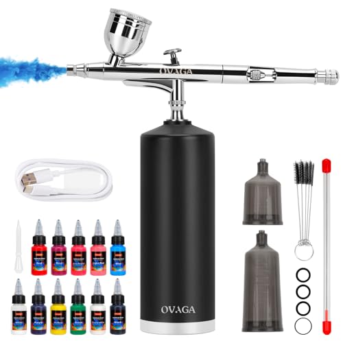 Ovaga 32PSI Airbrush Kit, Portable Cordless Auto Airbrush Gun Kit, Rechargeable Handheld Air Brush with Airbrush Paint Set 12 Colors for Painting Makeup Cake Decor Model Coloring Nail Art Tattoo