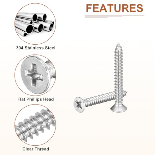 Image of DTGN 100Pcs #7x1-1 /4 inch Flat Head Wood Screws, 304 Stainless Steel Phillips Self Tapping Screws - Good for Woodworking, Furniture - Silver