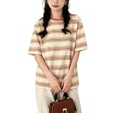 [LrisIuza Echo] tシャツ レディース ストライプ ティーシャツ ボーダー トップス クルーネック 半袖 おしゃれ プルオーバー 大きいサイズ ゆったり カットソー ファッション 可愛い 通勤 薄手 体型カバー シンプル カジュアル 韓国 春 夏