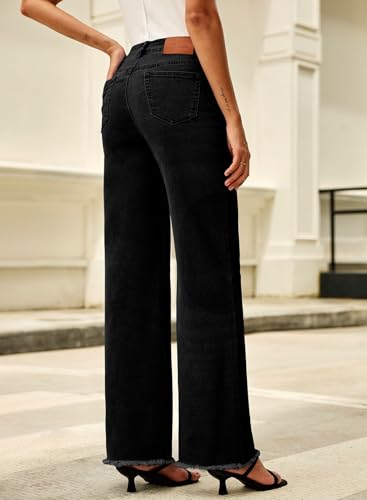 Sidefeel Women's Button Fly Jeans High Waisted Straight Leg Stretchy Trendy Raw Hem Wide Leg Denim Pants2