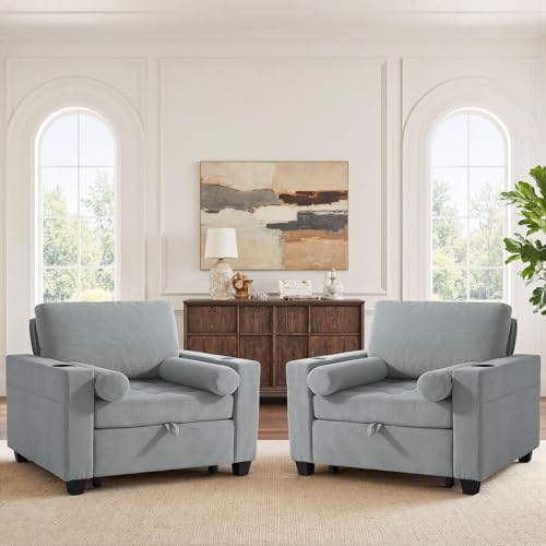Image of 3-in-1 Sleeper Sofa Chairs Set of 2, Pull Out Sofa Bed Convertible Reclining Seat Upholstered Armchair, Adjustable Backrest Recliner Chair with Side Pockets, Cup Holder & USB Ports - Gray