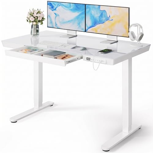 Image of Marsail Glass Standing Desk with Drawer, 47.24 inch Electric Standing Desk, Height Adjustable Desk with One-Piece Tabletop & USB Charging Ports, Sit Stand Desk with Storage for Home & Office White