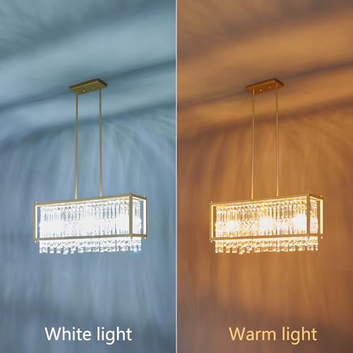 Image of LMQNINE Modern Rectangle Chandelier for Dining Room, Gold Crystal Chandelier Linear Light Fixture, Farmhouse Chandeliers for Kitchen Island, Bar Table, L25.98'' x W9.84'' x H8.66''