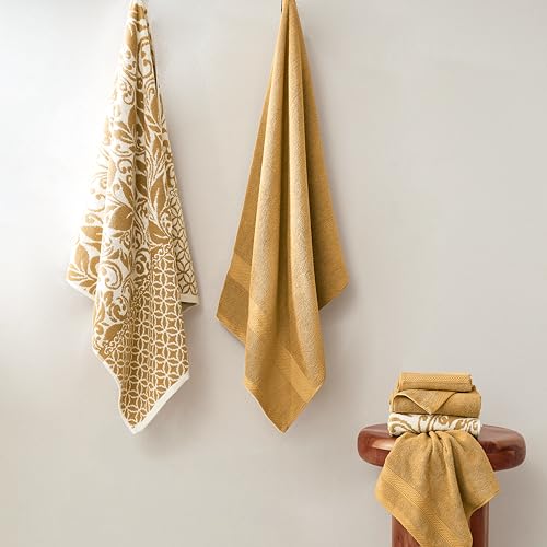Image of Modern Threads 6 Piece Bath Towel Set - Bathroom Set with 2 Bath Towels, 2 Hand Towels, and 2 Wash Cloths - 100% Cotton, Super Absorbent & Extra Soft - Reversible Botanical Vine (Gold)
