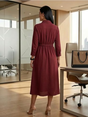 Image of Varanga Women A-Line Maxi Cotton Dress | 3 /4 Sleeve V-Neck | Cinched Waist Detailing | Lightweight & Breathable | Effortlessly Stylish Casual Wear