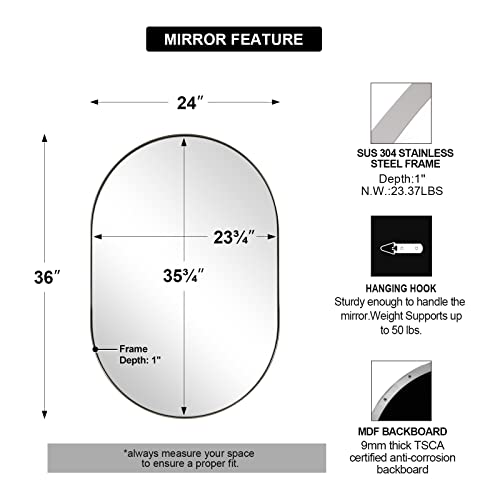 Andy Star Chrome Bathroom Mirror 24X36, Chrome Mirror Oval, Polished Silver Bathroom Mirror, Oval Mirrors Stainless Steel Frame Deep 1’’ Hang Vertical Or Horizontal #TOP3