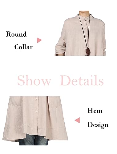 Minibee Women\'s Oversized Button Down Shirts Long Sleeve Cotton Linen Light Blouse Jacket with Pockets Beige M - Thumbnail 3