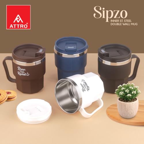 Image of ATTRO Sipzo Double Wall Inner Steel Coffee Mug, 350ml, Microwave Safe, Stainless Steel Inner, BPA Free Food Grade Outer, Leakproof Lid with Dust Cover, Wide Mouth, Office & Travel Mug-Brown