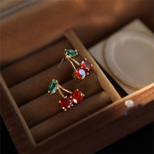 Cherry Stud Earrings for Women Personalized 18K Gold Plated Red Cherry Elegant Shining Green Emerald Leaf CZ Crystal Ruby Cherries Post Earring Jewelry Gift for Lovers4