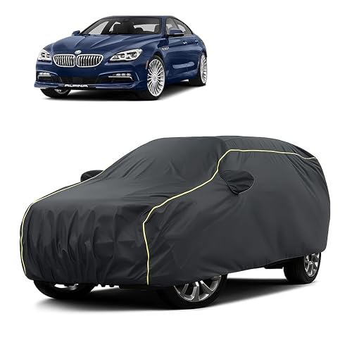 Image of Sulfar 100% Water Resistant Car Body Cover Compatible with Mirror for BMW Alpina B6 (Triple Stitched, Full Bottom Elastic, Dark Grey Taffeta with Yellow Piping)