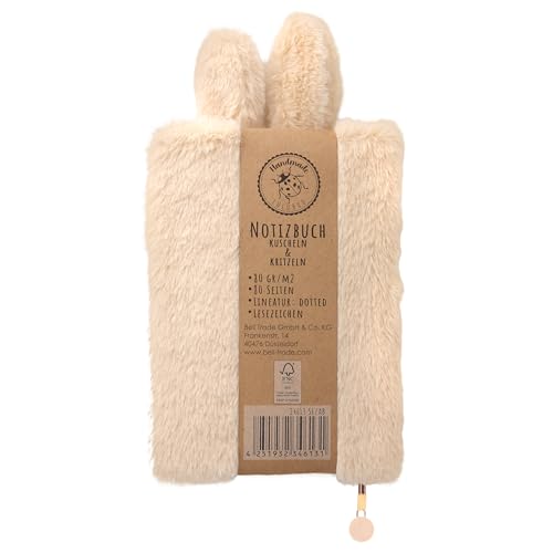 Lulubug Notizbuch A5 Plüsch - Hase Hoppy | Lesezeichen, 80 Seiten, A5 gepunktet | Süßes Tagebuch A5 Dotted | Flauschiges Notizheft | Geschenkidee für Erwachsene, Mädchen & Kinder | Beige