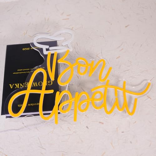 Image of Bon Appetit with Chef's hat LED Sign Gold Letters Neon Light Signs for Restaurant French Style Neon Dimmable LED inch16.5x12.6 inch Hanging Dinning Room Cooking Kitchen Wall Art Decor