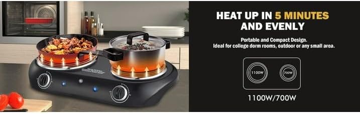 Miniatura 5 de Quemador doble de hierro fundido 1800 W - Placa eléctrica ligera - Placa eléctrica con control de temperatura - Luces indicadoras de alimentación -