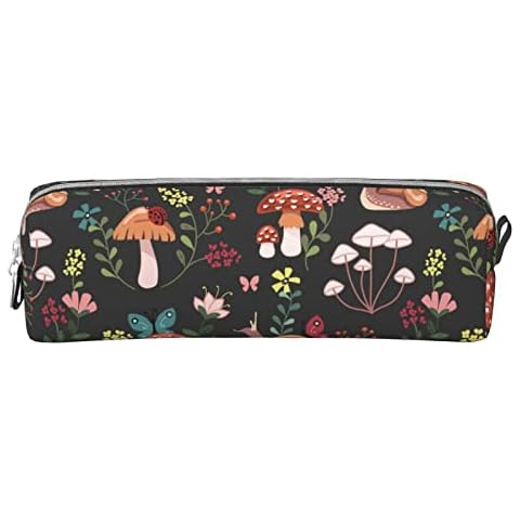 Ykklima Leather Pencil Case - Mushroom Snails Butterfly Flower Pattern, Stationery Bag Pen Organizer Makeup Cosmetic Holder Pouch for School Work Office College Cover