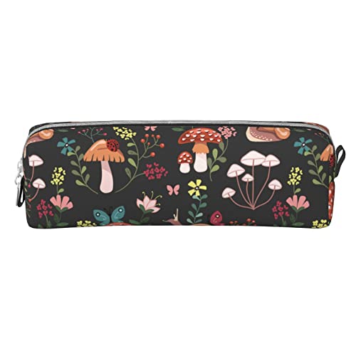 Image of Leather Pencil Case - Mushroom Snails Butterfly Flower Pattern, Stationery Bag Pen Organizer Makeup Cosmetic Holder Pouch for School Work Office College