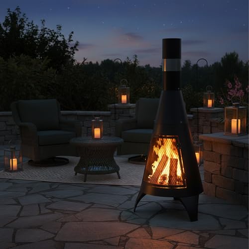 Relaxdays Terrassenofen mit Funkenschutz Tür, dekorative Feuerstelle für Holz, Gartenofen, HxD: 120x45cm, Stahl, schwarz