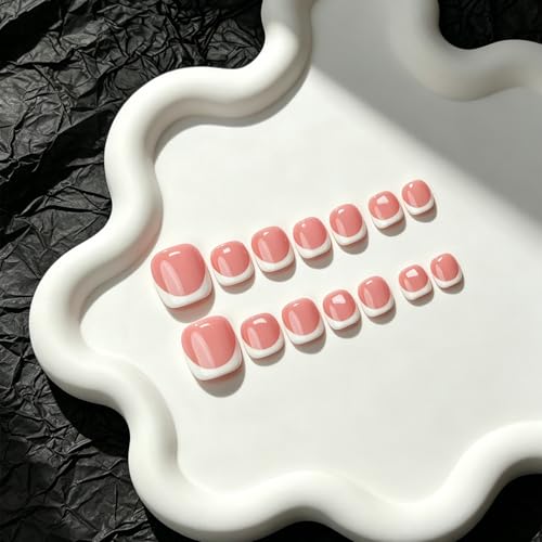 14 Pcs Square Press on Toe Nails Solid Color Handmade Press on Toenails White French Tip Fake Toe Nails Muti-Layer Gel Thicked Acrylic Nails Pure Handmade Short Toe Nail for Women (M) — view 2