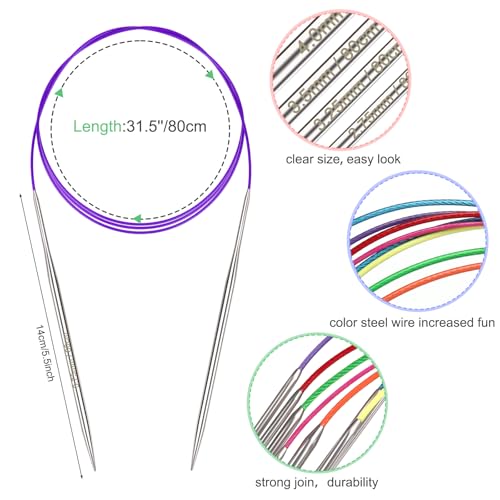 Image of Katech 32 inch (80cm) Circular Knitting Needles Set, 2.75mm-5.00mm Stainless Steel Knitting Needles with Cables, 7 Sizes Long Round Needle for Sweaters, Hats, Socks, Scarves