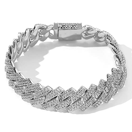 Lkv 14K 14Mm Zircon Diamond Miami Cuban Chain Bracelet Gold Plated Hip Hop Iced Out Cz Link Chain Bracelet For Men And Women(Silver 8Inch) #TOP17