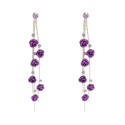Red Rose 3D Flower Drop Earrings -CZ Sparkling Crystal Rhinestone Fashion Declaration Pendant Earrings Purple Long-flowing Tassel Party Gift for Women-2