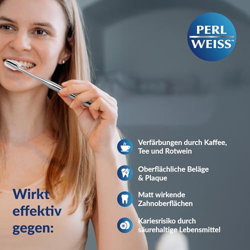 PERLWEISS Schönheits Zahnweiss Whitening Zahncreme - mit einzigartigem Pearl Powder gegen Verfärbungen - für sichtbare Zahnaufhellung, strahlenden Glanz & Zahnschmelzschutz, 50 ml