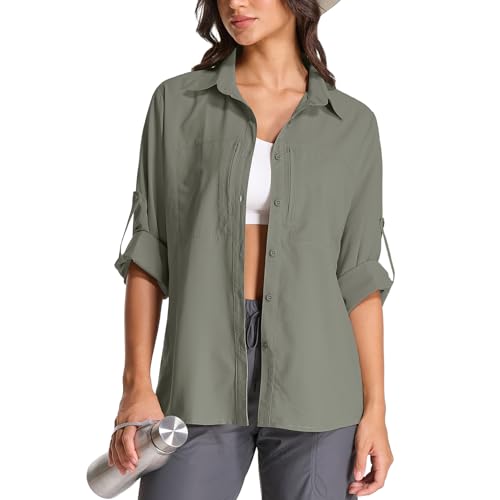 Womens UPF 50 Long Sleeve Sun Shirt Safari Hiking Quick Dry UV Protection Button Up Travel Shirt for Fishing Gardening Africa