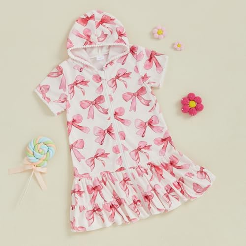 Girls Cover Ups for Swimwear Bathing Suit Hooded Coverups Bow Print Short Sleeve Zip-Up Dress Robe Towel Beachwear4