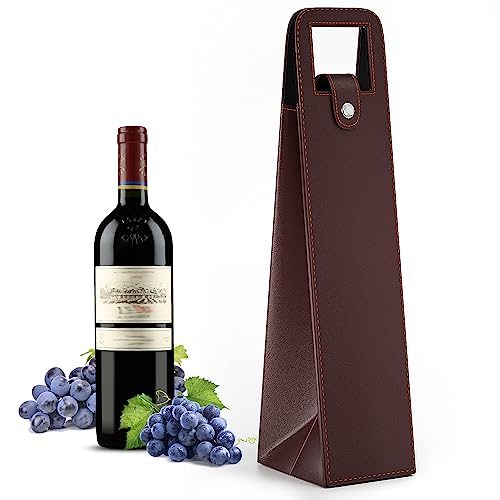 RYDDOY Brown Wine Gift Bag Leather Wine Tote Single Bottle Wine Carrier